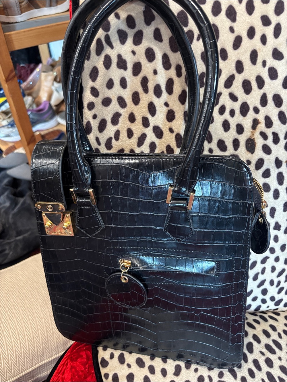 Louis Vuitton Black Croc-Embossed Satchel with Gold-Tone Hardware